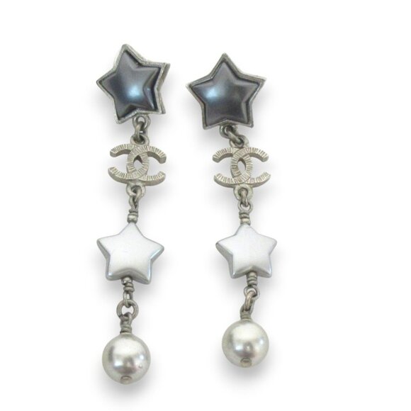 CHANEL Silver Pearl Logo Earrings - Picture 1 of 8